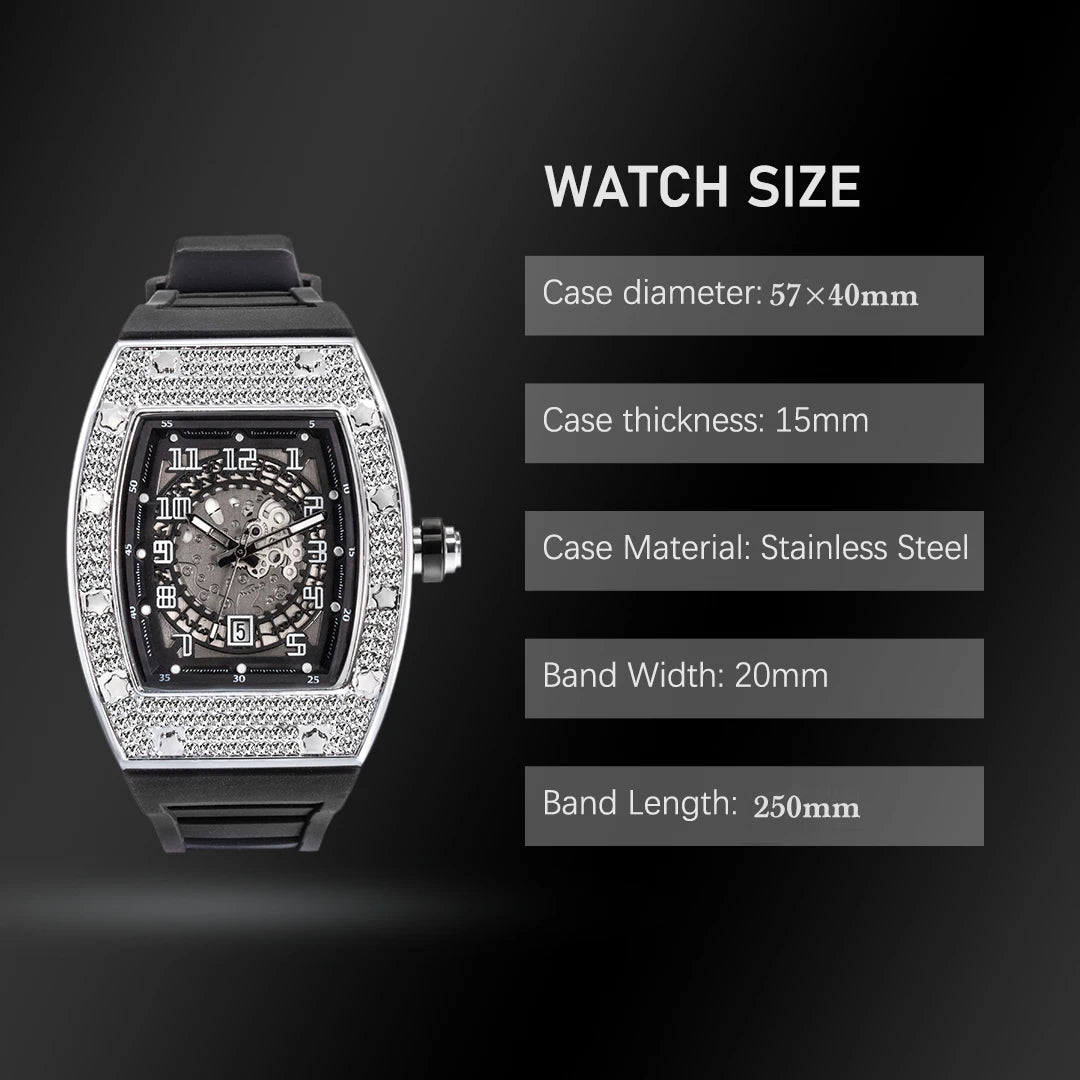 Luxury Watch For Men Large Wrist Full AAA Cuban Zircon Iced Out Star Case Quartz Watches Silcone Strap Calendar Male Dropship