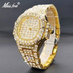 Men's Gold Quartz Watch Luxury Classic Stylish Square Baguette Diamond Wristwatches For Men Calendar Waterproof Hand Clock New