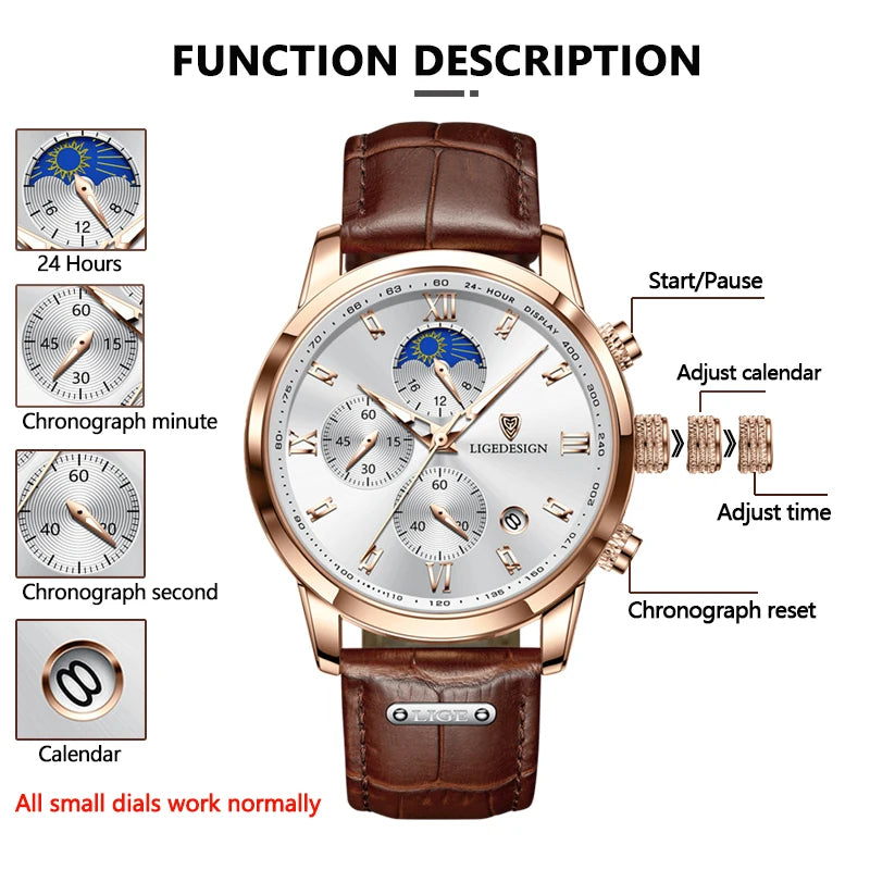 LIGE Men Watch Luxury Leather Waterproof Sport/