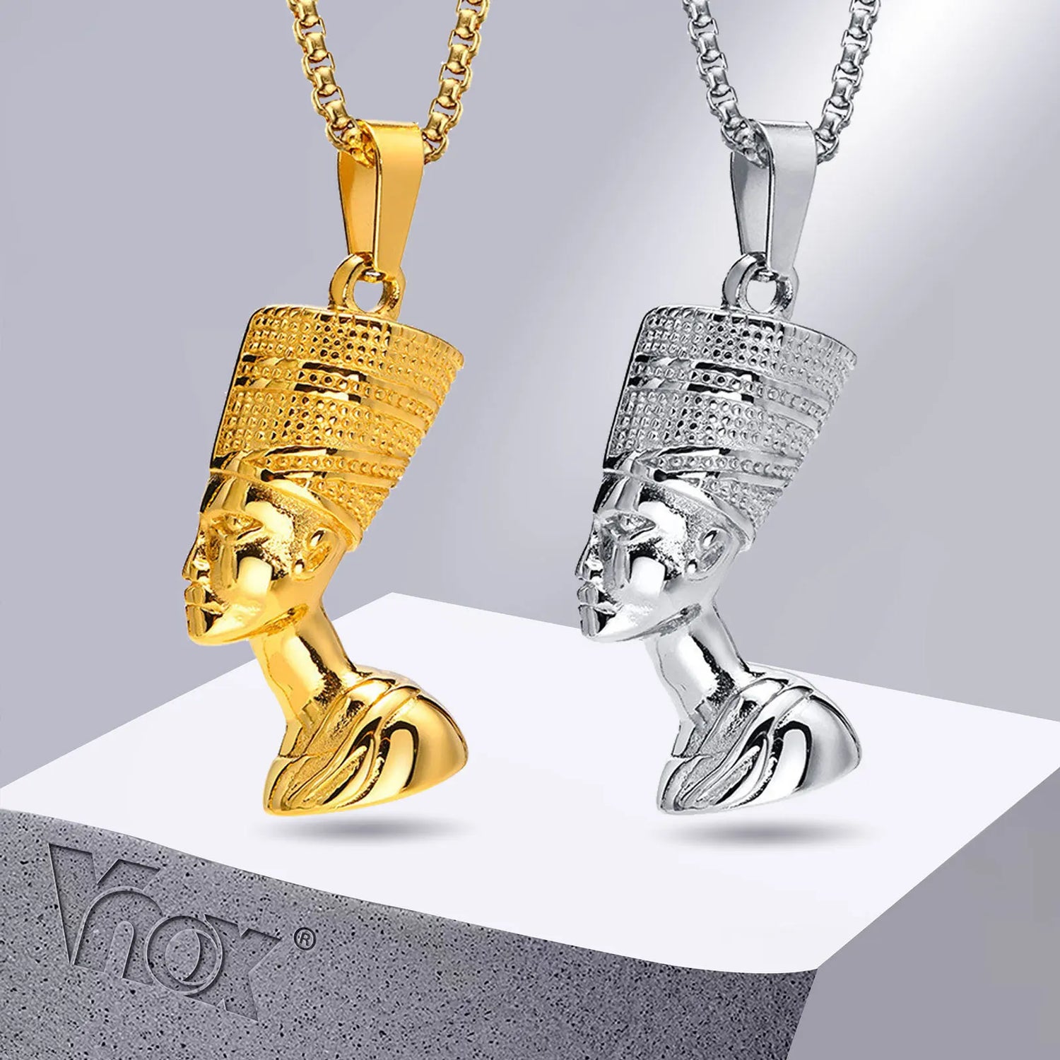 Vnox Nefertiti Necklaces for Men, Stainless Steel Egyptian Queen Pendant with Box Chain, Ethnic Punk Rock Neck Collar