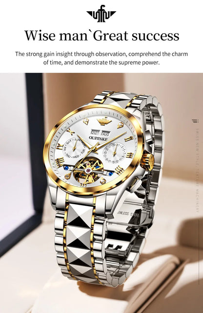 OUPINKE 3186 High Quality Luxury Skeleton Flywheel Automatic Watch for Men 5Bar Waterproof Dual Calendar Brand Men&