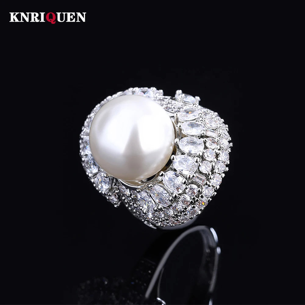 Charms 14MM White Black Big Pearl Adjustable Rings for Women Lab Diamond Cocktail Party Fine Jewelry Wedding Accessories Gifts