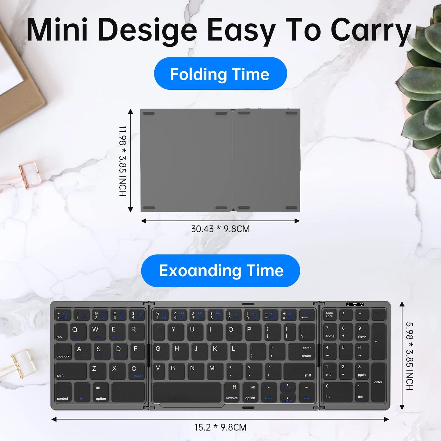 Mini Portable Folding Keyboard Thin Wireless BT.