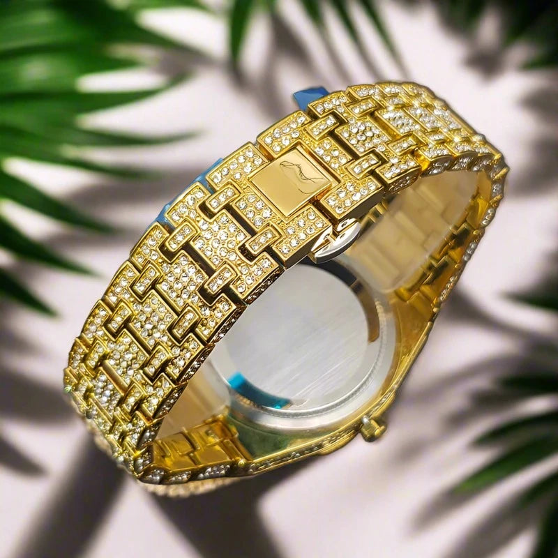 Luxury octagon gold diamond quartz watch.