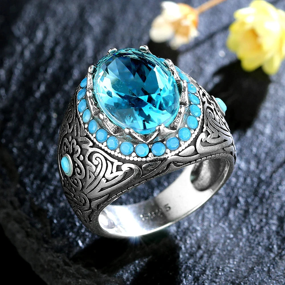 Silver Ring for unisex Blue Zircon Finger.