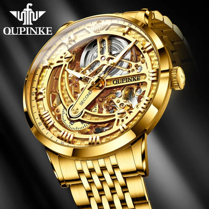 OUPINKE Men Watches Luxury Automatic Mechanical Self Winding Skeleton 5ATM Waterproof Sapphire and Tungsten Steel Wrist Watch