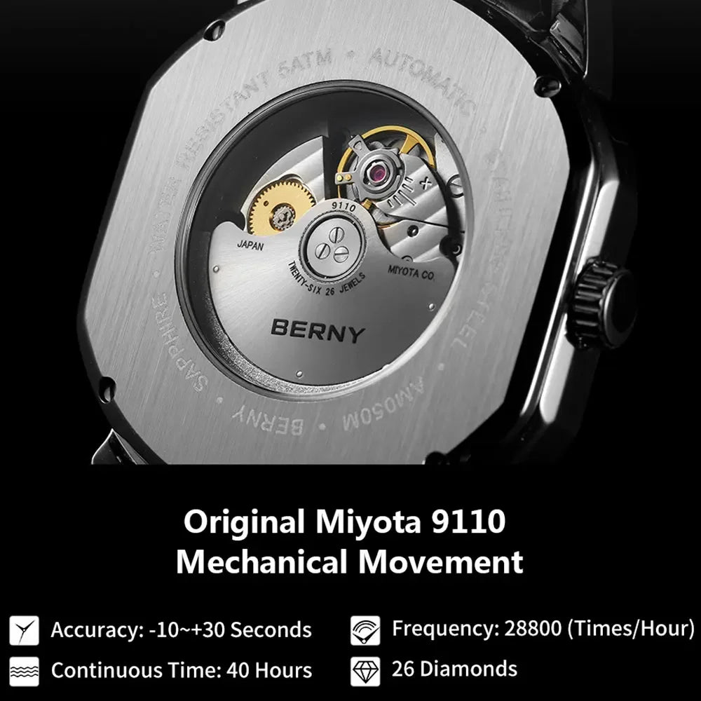 BERNY Men's Automatic Watch Waterproof Exhibition.