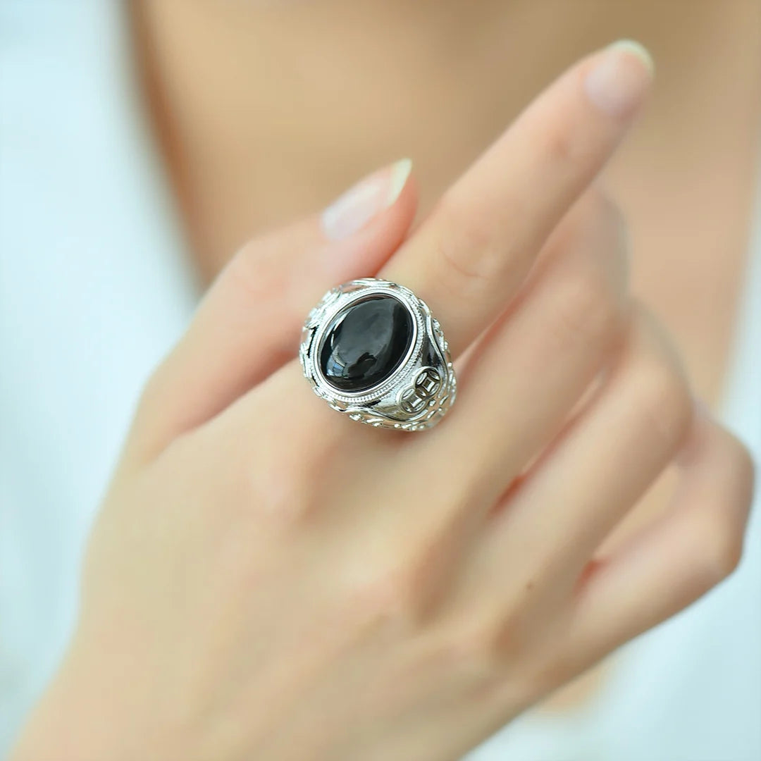 Natural Women Ring Black Gemstone Accessories.