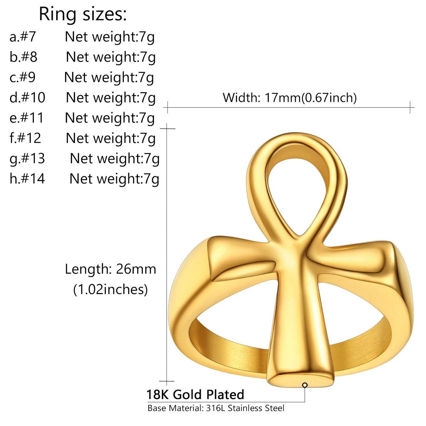 U7 Stainless Steel Ankh Cross Key of Life Ring for Men Women Egyptian Hieroglyphs Writing Symbol Charms Religion Egypt Jewelry