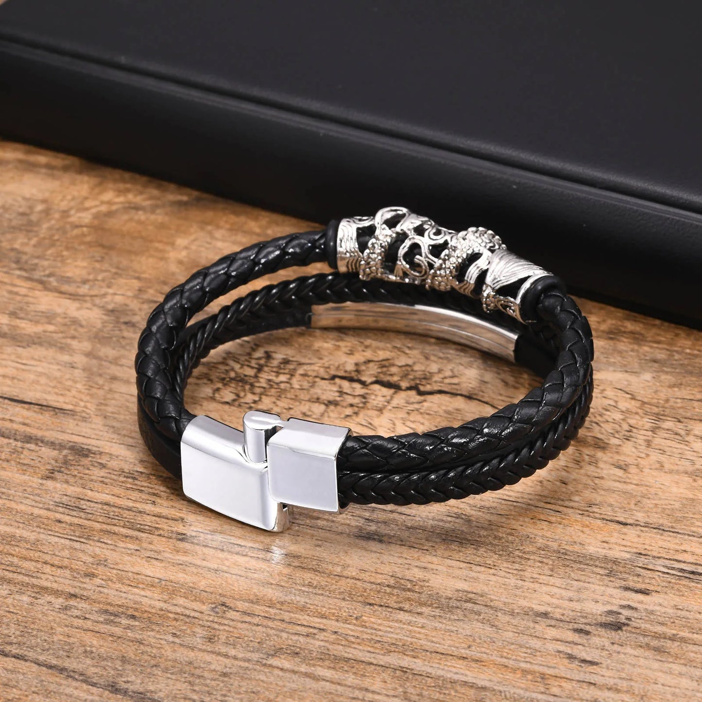 Vnox Chinese Dragon Charm Bracelets for Men Boys, Black PU Leather Bangle, Cool Ethnic Amulet Wristband Jewelry