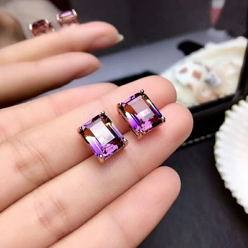 MeiBaPJ Natural Ametrine 925 Sterling Silver Necklace Earrings and Rings Jewelry Set for Women Wedding Party Fine Jewelry