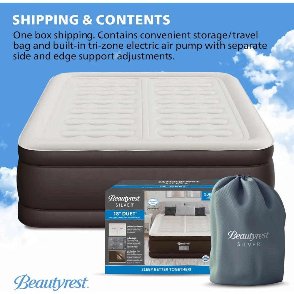 Silver 18" Duet Air Mattress, Queen Size - Dual Control Sleep Zones, Edge Support, High-Speed Pump, Ideal for Camping & Guests,