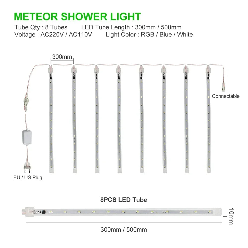 30cm /50cm Waterproof Meteor Shower Rain 8 Tube LED String Lights For Outdoor Holiday Christmas Decoration Tree EU/US/AU/UK Plug