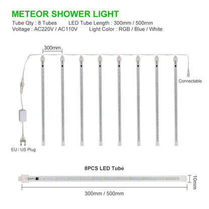 30cm /50cm Waterproof Meteor Shower Rain 8 Tube LED String Lights For Outdoor Holiday Christmas Decoration Tree EU/US/AU/UK Plug