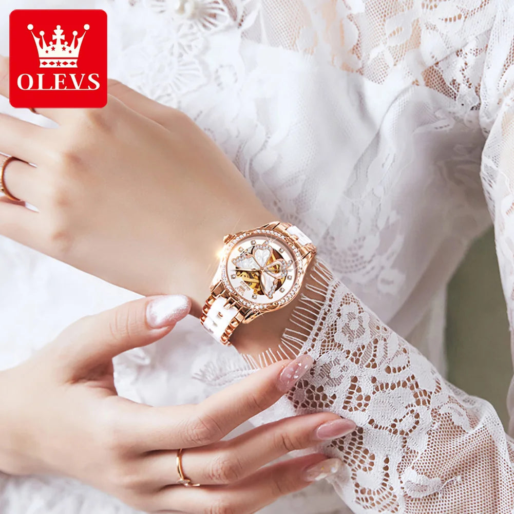 OLEVS 6622 Diamond Luxury Woman Automatic Watch Butterfly Original Mechanical Watch For Women Waterproof Luminous Hand Clock