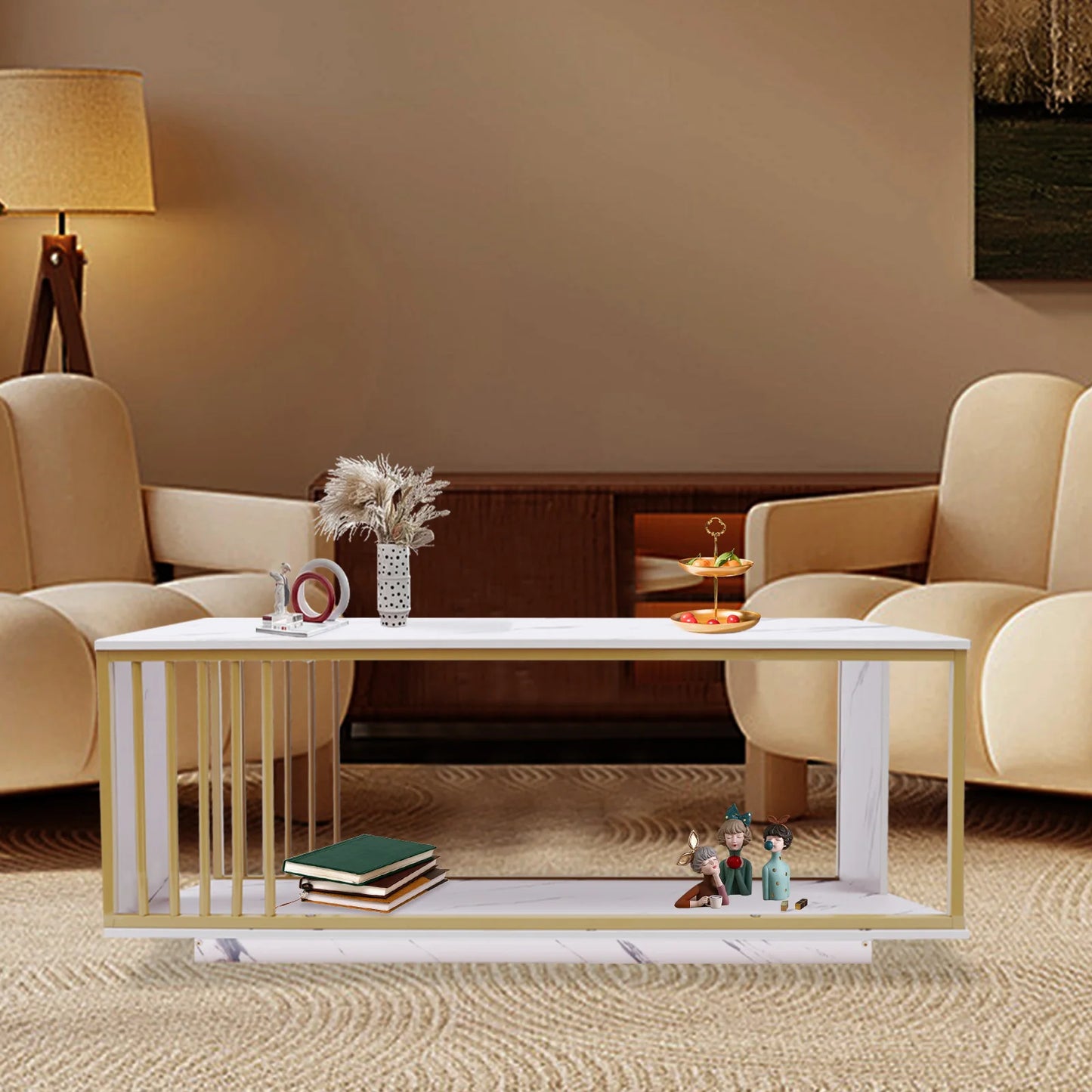 Modern 2-Tier White+Gold Coffee Table: Sleek Elegance and Functional Design.