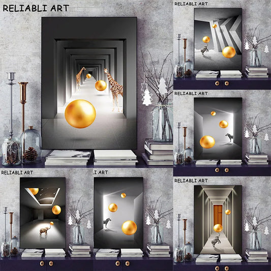 Modern Animal Elephant Giraffe Zebra Metal Ball Abstract Canvas Painting Wall Art For Living Room Home Decor No Frame