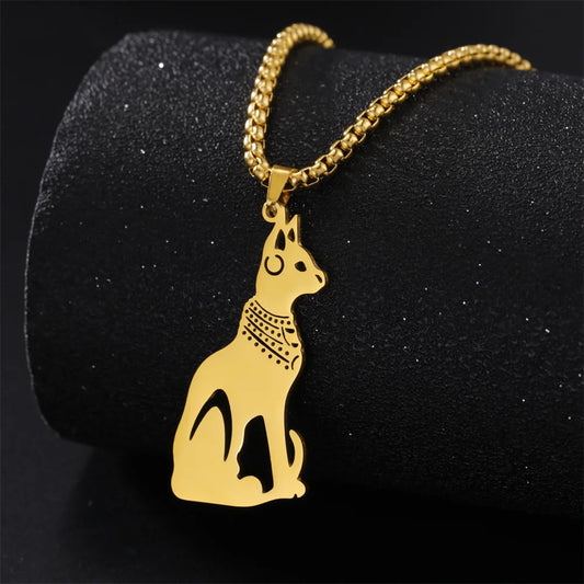 My Shape Egyptian Goddess Cat Bastet Necklaces for Men Ancient Egypt Animal Stainless Steel Necklace Choker Box Chain Jewelry