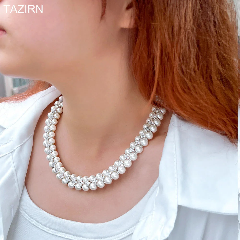 TAZIRN Arabia Dubai 5A Cubic Zirconia White Color Natural Pearls Necklace.