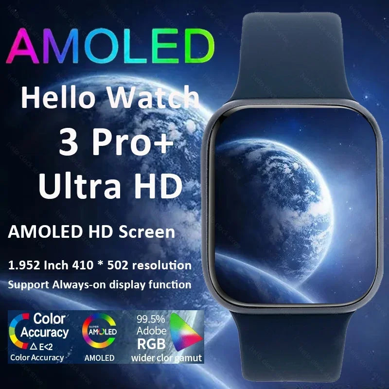 New Hello Smart Watch 3 Pro Plus Series 9 45mm AMOLED 4G ROM NFC Compass Clock Bluetooth Call Smartwatch 2024 Men Women For IOS