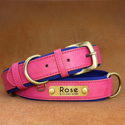 Customized Leather ID Nameplate Dog Collar Soft Padded Dogs Collars Free Engraving Name for Small Medium Large Dogs Adjustable