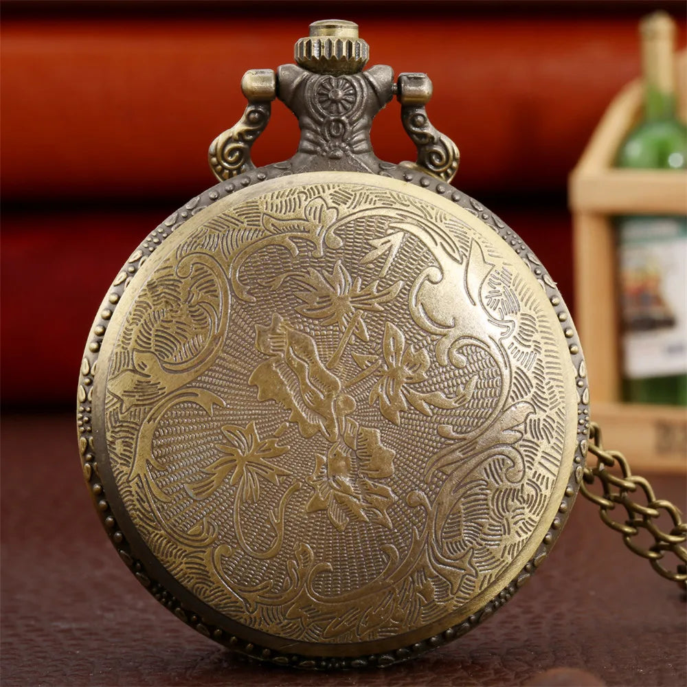 Vintage Retro Bronze Hollow Train Locomotive Steampunk Quartz Pocket Watch Women Men Necklace Pendant with Chain Birthday Gift