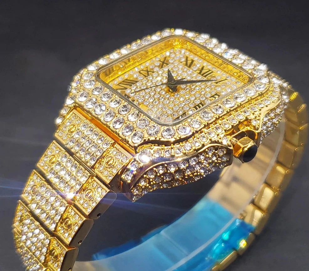 Gold Men Watches Luxury Diamond Quartz.