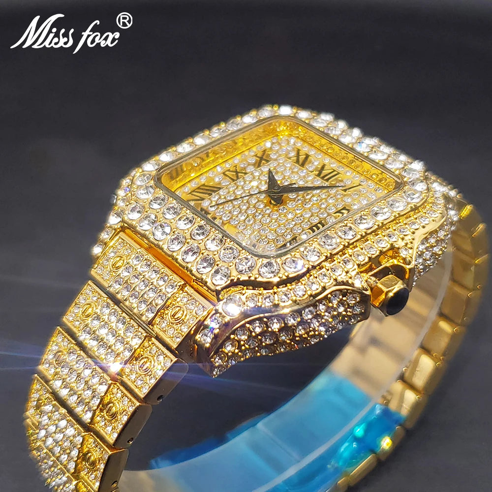 Gold Men Watches Luxury Diamond Quartz.