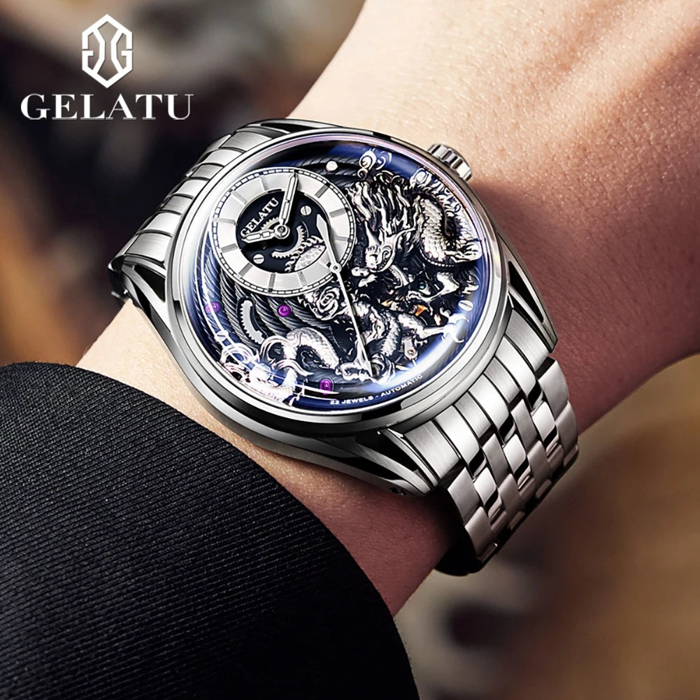 GELATU Luxury Brand Men's Watches Relief Design Automatic Mechanical Watch Stainless Steel Strap Original Male Wristwatch Trend