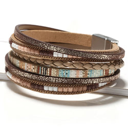 Hot-Selling Handmade Woven Leather String Bohemian Bracelet Alloy Magnetic Snap Women Fashion Multi Layer  Wholesale