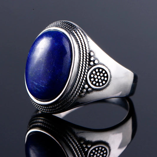 Sterling Silver 925 Ring Natural Big Oval Lapis Rings for Men Women Retro Luxury Fine Jewelry Party Anniversary Gift