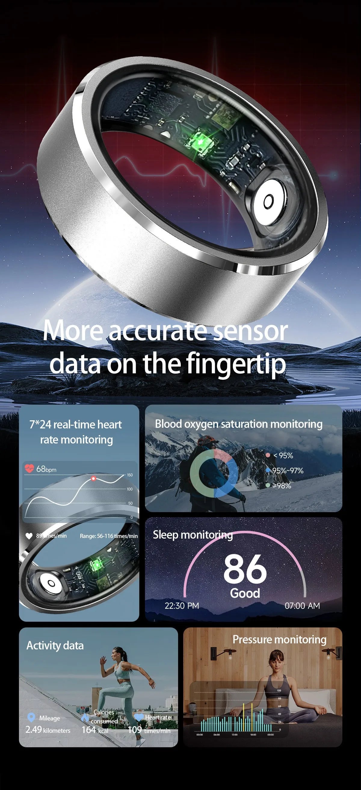 Smart Ring Heart Rate Blood Pressure Sleep Monitoring Gesture Control Game Ebook Page Turning 5ATM Waterproof Swim Sports Ring