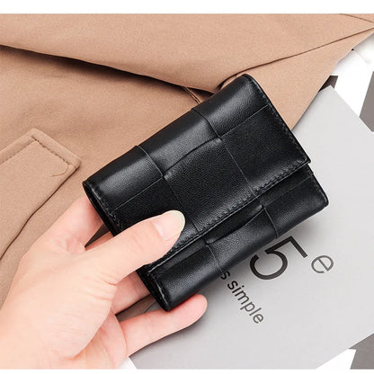 Brand New Short Wallet Fashion Women Genuine Leather Coin Purses Sheepskin Weave Female Card Holders Luxury 3-fold Money Clip