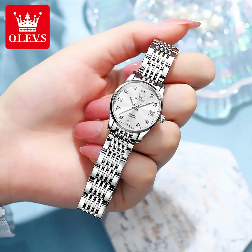 OLEVS Women's Mechanical Watch Bracelet Sets Classic Silver Watchstrap Ladies Wristwatches Elegant Luxury Brand Watch for Women