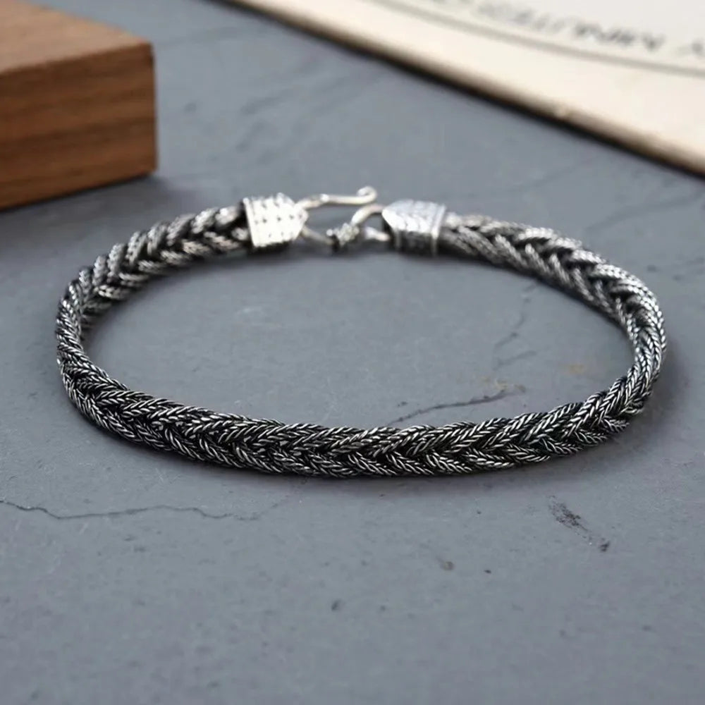 New S925 Silver Retro Fox Tail Hand Woven Fried Dough Twists Chain Men's and Women's Bracelets Fashion Lovers Jewelry