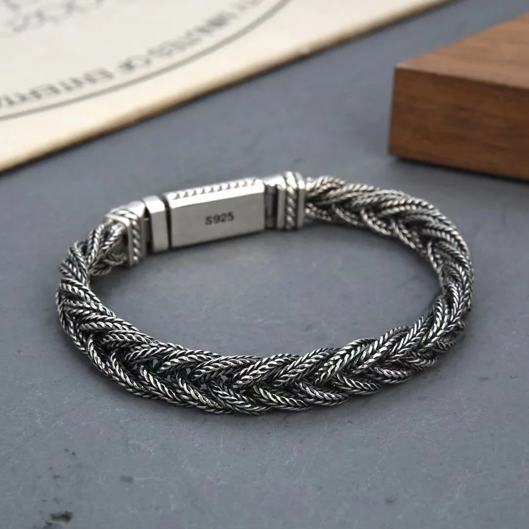 BOCAI Real S925 Silver Jewelry Retro Heavy Industry Pure Handmade Woven Twist Bracelet for Men and Women Trendy Gifts