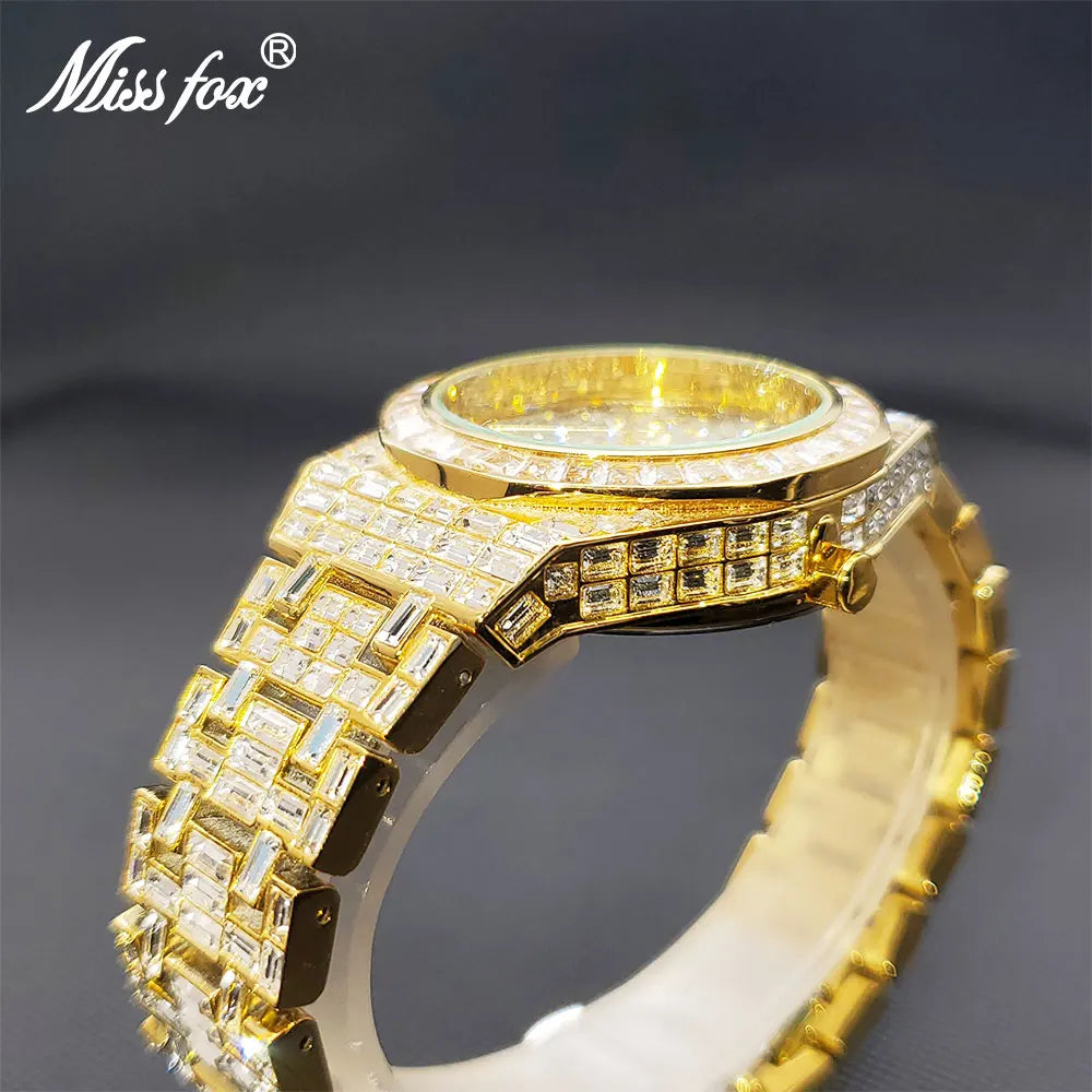 Men's Watch Cover Baguette Gem Luxury Gold Stylish 40mm Quartz Wristwatches For Man Waterproof Calendar Diamond Clock Droship