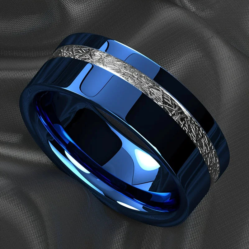 Introducing the Fashion Blue Stainless Steel Ring for Men with Vintage Silver Color Meteorites Inlaid: