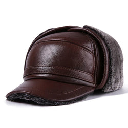 Winter Bomber Hat Men Russian Brown Leather.