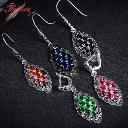 Rhombus Pink Red Blue CZ Crystal Stone Marcasite Tibetan Silver Dangle Hook Earring 1 Pair for Women Bridal Engagement Jewelry