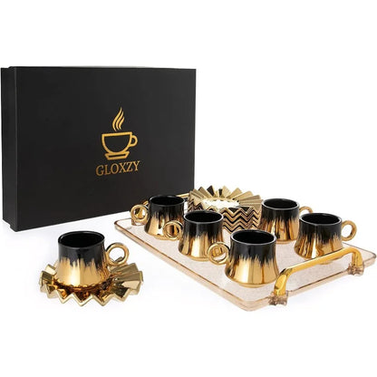 Turkish Coffee Cup Set of 6 with Saucers &amp; Tray - Luxury Arabic Greek Japanese Marble Ceramic Tea Cups for Espresso Cappuccino