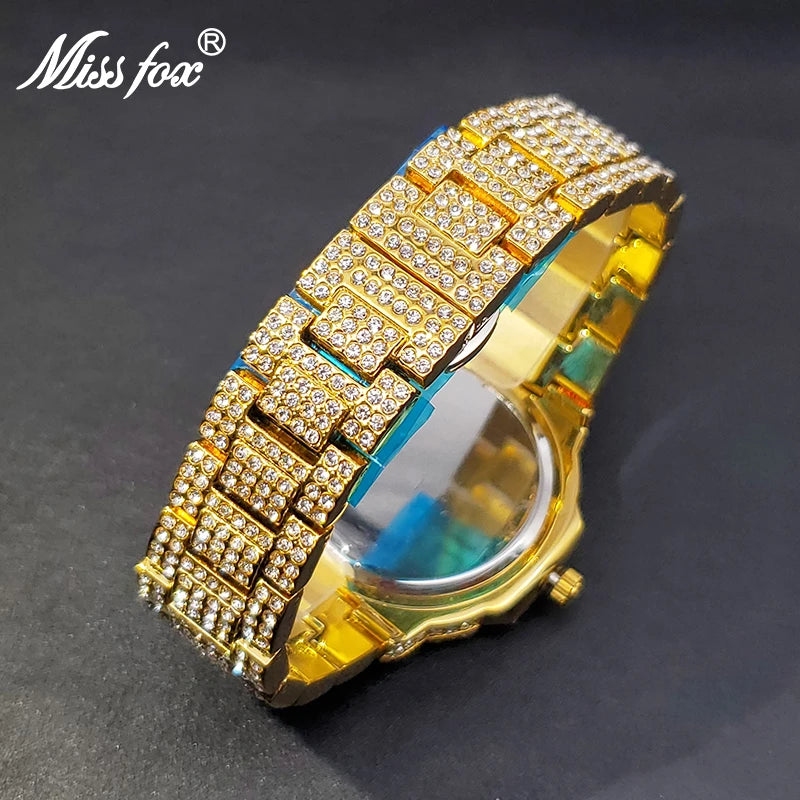 Quartz Watches For Men Big Diamond Gold Luxury Waterproof Calendar Men&