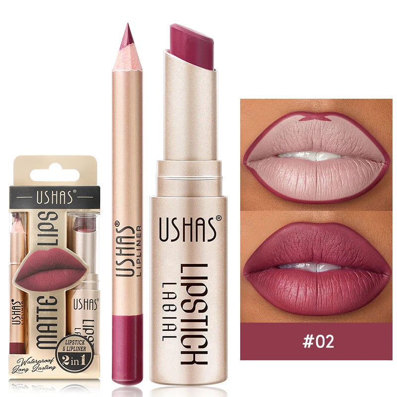 2 In 1 Lipstick Set Makeup Matte Lipstick & Lip Liner Pencil Waterproof Lasting Cosmetics Nude Brown Contour Tinted Lip Balm Kit