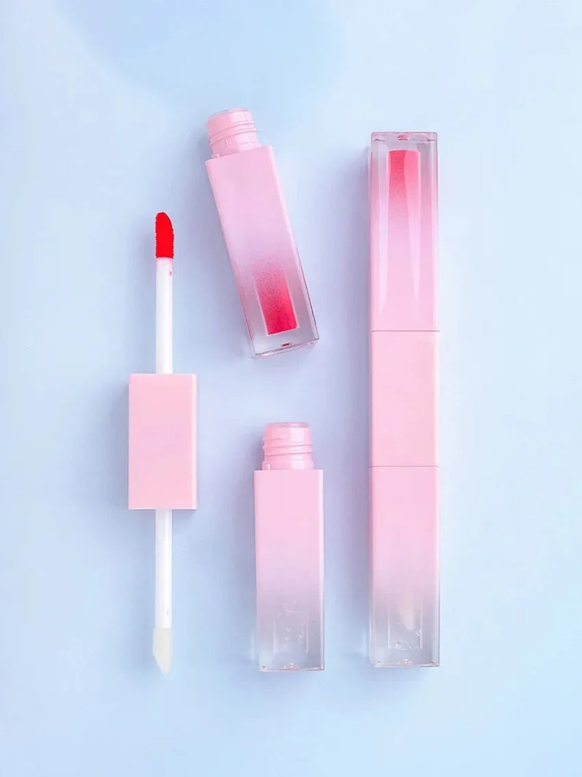 Custom 7colors Gradient Pink Tube Lipgloss Non-stick Cup Matte Waterproof 2in1 Double-head Long Lasting Hydrating Lip Oil Makeup