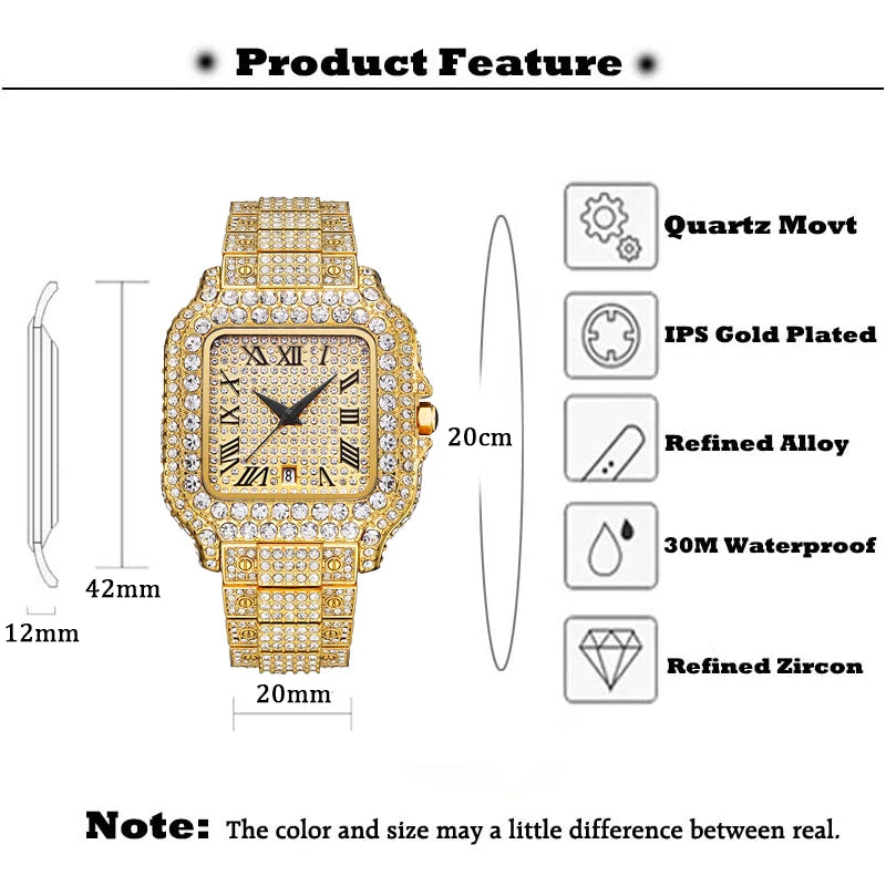 Gold Men Watches Luxury Diamond Quartz.