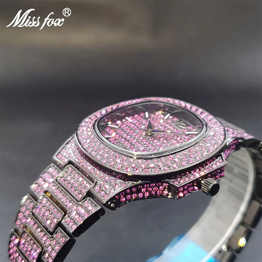 Diamond Men's Watch Black Full Pink Zircon Bling Bling Hip Hop Stylish Quartz Watch For Man Calendar Hand Clock Dropshipping