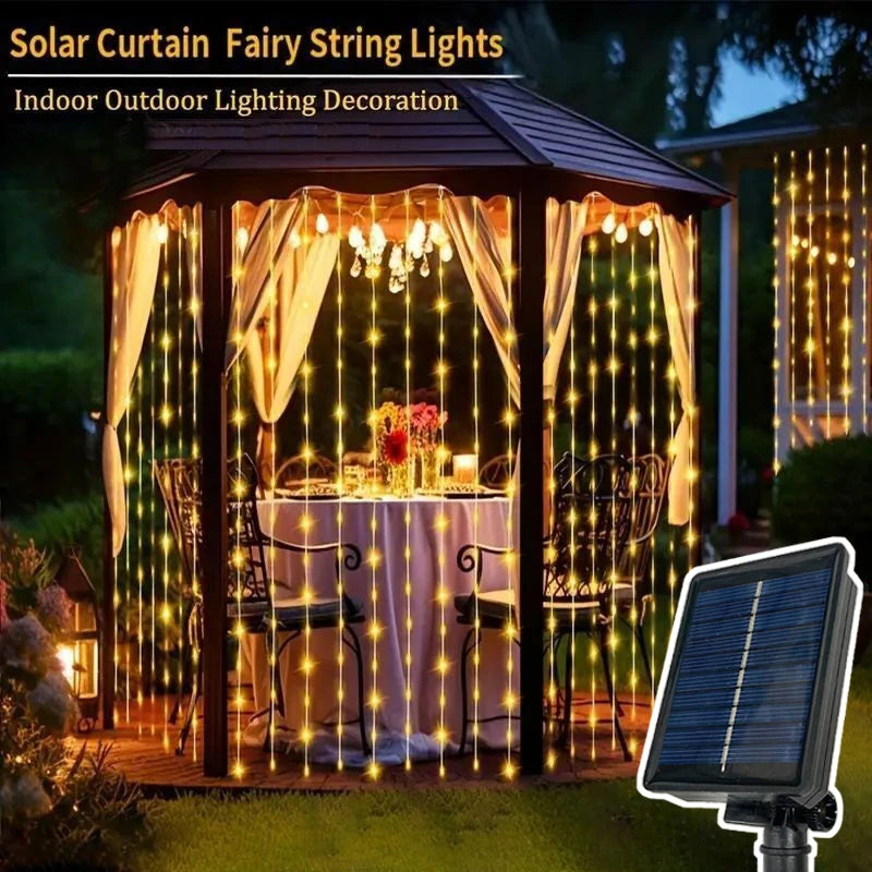 Solar Curtain Lights Outdoor Christmas Fairy Lights with 8 Lighting Modes For Home Garden Garland Yard Wedding Festival Decor