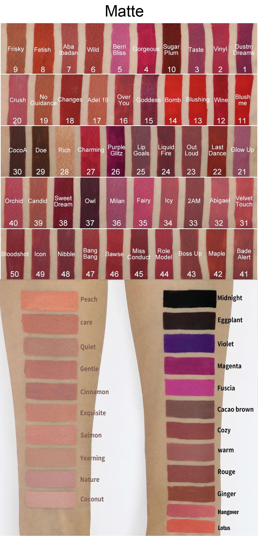 Matte lipstick color swatches on arm showcasing various shades from pinks to browns, including midnight, violet, and cocoa brown.