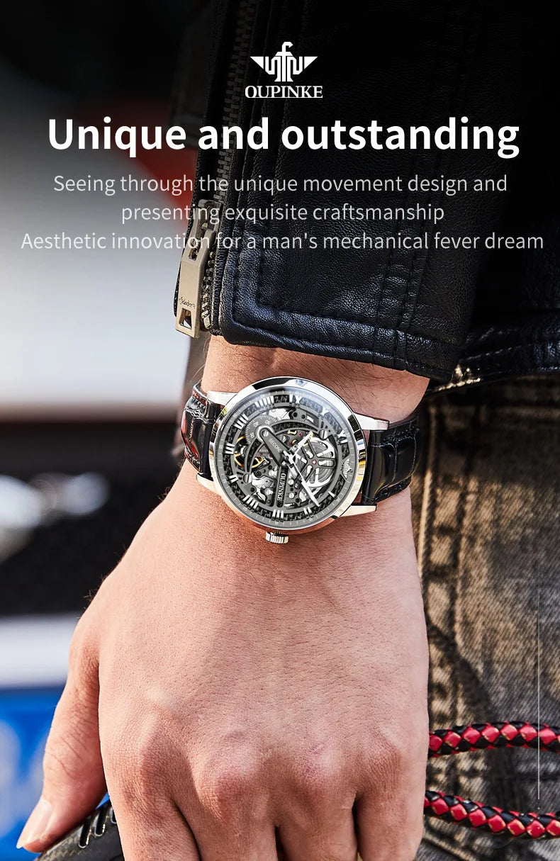 OUPINKE Men Watches Luxury Automatic Mechanical Self Winding Skeleton 5ATM Waterproof Sapphire and Tungsten Steel Wrist Watch