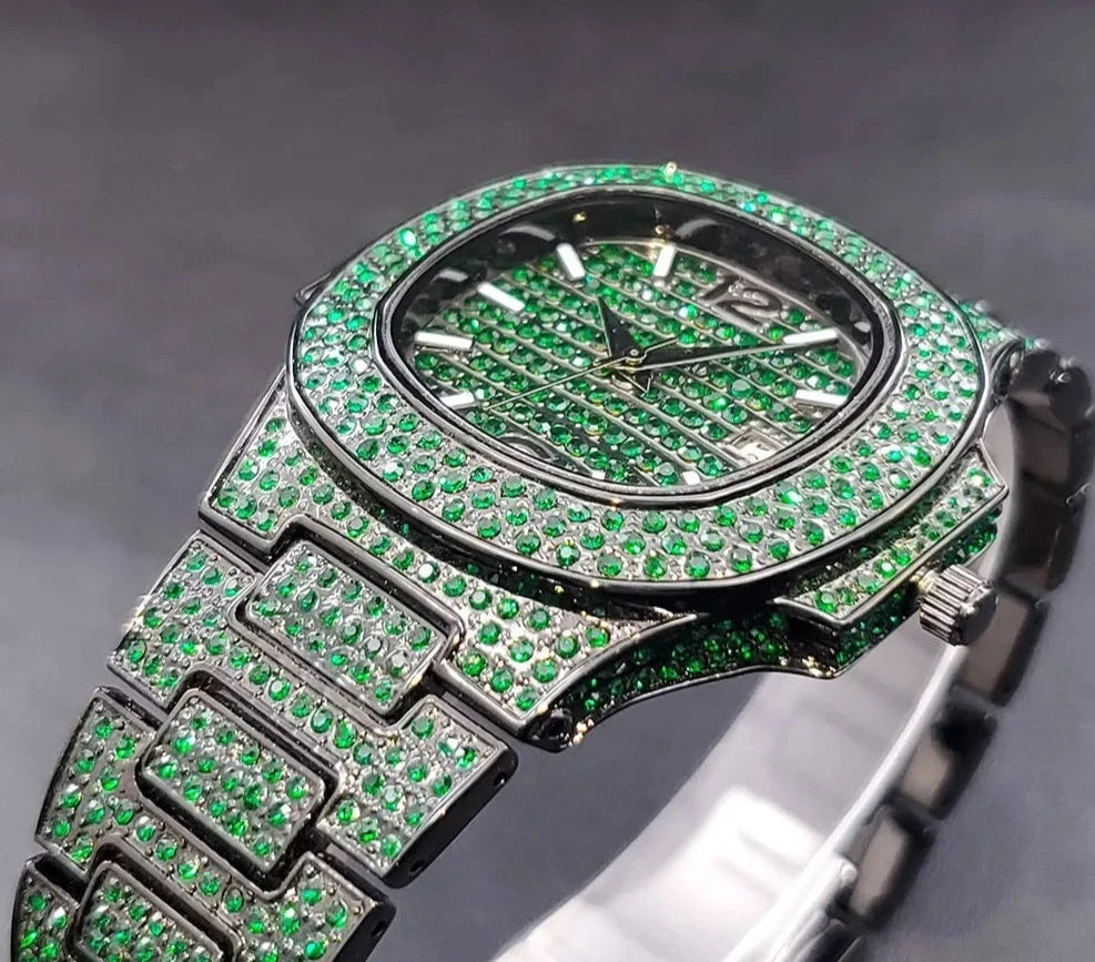 Green Watches For Men Full Diamond Waterproof.